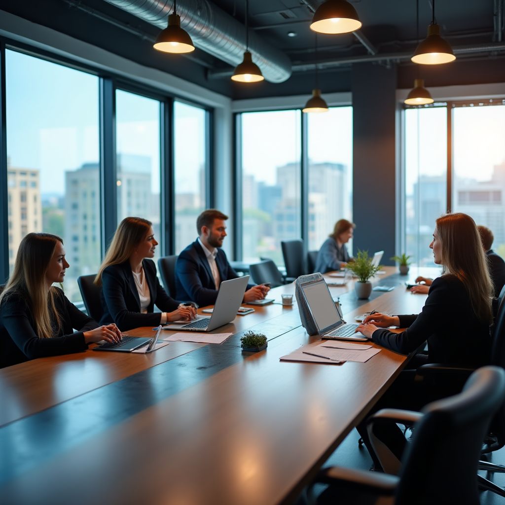 Oficina moderna de consultoría contable con profesionales trabajando