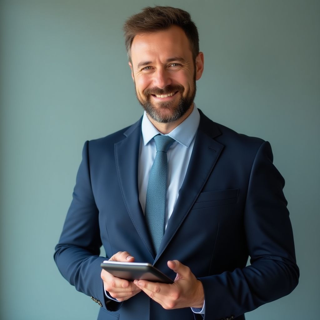 Gerente senior de contabilidad en traje formal con calculadora