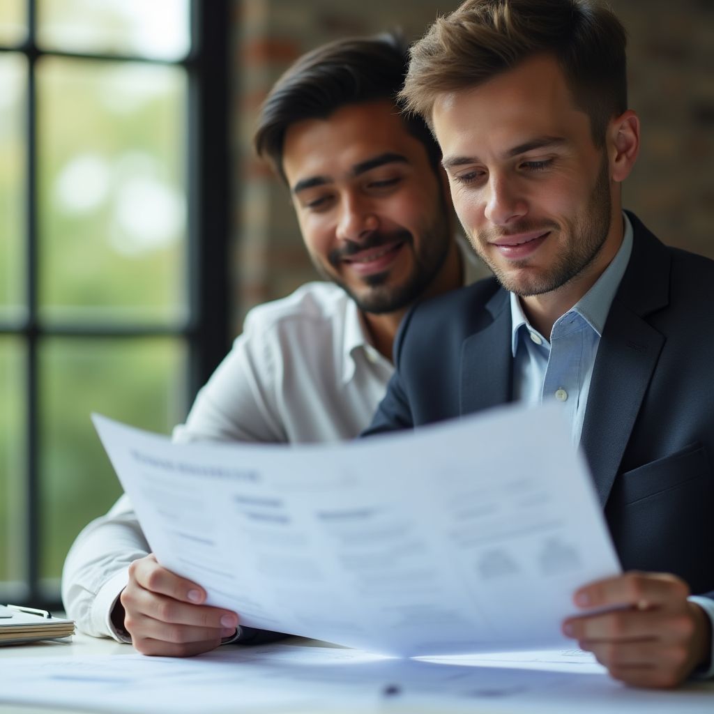 Consultora financiera joven analizando documentos empresariales importantes