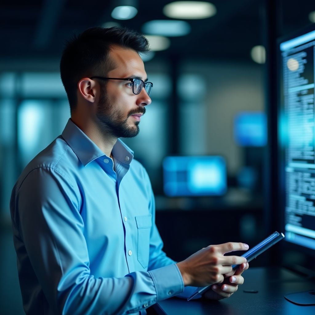 Director tecnológico trabajando con sistemas contables digitales modernos